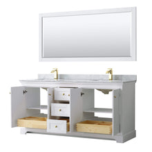 Load image into Gallery viewer, Wyndham Collection Vanity Wyndham Collection WCV232372DWGCMUNSMXX Avery 72 Inch Double Bathroom Vanity in White, White Carrara Marble Countertop, Undermount Square Sinks, Brushed Gold Trim