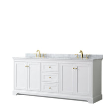 Load image into Gallery viewer, Wyndham Collection Vanity Wyndham Collection WCV232380DWGCMUNOMXX Avery 80 Inch Double Bathroom Vanity in White, White Carrara Marble Countertop, Undermount Oval Sinks, Brushed Gold Trim