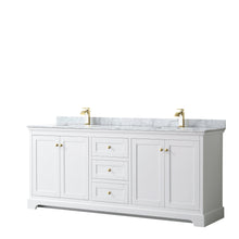 Load image into Gallery viewer, Wyndham Collection Vanity Wyndham Collection WCV232380DWGCMUNSMXX Avery 80 Inch Double Bathroom Vanity in White, White Carrara Marble Countertop, Undermount Square Sinks, Brushed Gold Trim