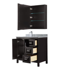 Load image into Gallery viewer, Wyndham Collection Vanity Wyndham Collection WCV252536SDECMUNSMED Daria 36 Inch Single Bathroom Vanity in Dark Espresso, White Carrara Marble Countertop, Undermount Square Sink, and Medicine Cabinet