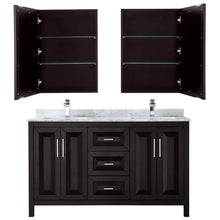 Load image into Gallery viewer, Wyndham Collection Vanity Wyndham Collection WCV252560DDECMUNSMED Daria 60 Inch Double Bathroom Vanity in Dark Espresso, White Carrara Marble Countertop, Undermount Square Sinks, and Medicine Cabinets