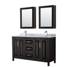 Load image into Gallery viewer, Wyndham Collection Vanity Wyndham Collection WCV252560DDECMUNSMED Daria 60 Inch Double Bathroom Vanity in Dark Espresso, White Carrara Marble Countertop, Undermount Square Sinks, and Medicine Cabinets