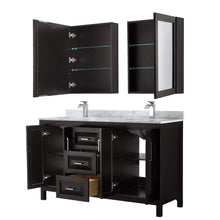 Load image into Gallery viewer, Wyndham Collection Vanity Wyndham Collection WCV252560DDECMUNSMED Daria 60 Inch Double Bathroom Vanity in Dark Espresso, White Carrara Marble Countertop, Undermount Square Sinks, and Medicine Cabinets