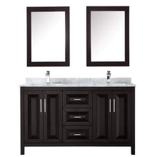 Load image into Gallery viewer, Wyndham Collection Vanity Wyndham Collection WCV252560DDECMUNSMED Daria 60 Inch Double Bathroom Vanity in Dark Espresso, White Carrara Marble Countertop, Undermount Square Sinks, and Medicine Cabinets