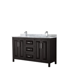 Load image into Gallery viewer, Wyndham Collection Vanity Wyndham Collection WCV252560DDECMUNSMXX Daria 60 Inch Double Bathroom Vanity in Dark Espresso, White Carrara Marble Countertop, Undermount Square Sinks, and No Mirror