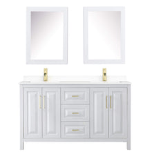 Load image into Gallery viewer, Wyndham Collection Vanity Wyndham Collection WCV252560DWGWCUNSMED Daria 60 Inch Double Bathroom Vanity in White, White Cultured Marble Countertop, Undermount Square Sinks, Medicine Cabinets, Brushed Gold Trim