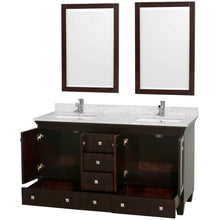 Load image into Gallery viewer, Wyndham Collection Vanity Wyndham Collection WCV800060DESCMUNSM24 Acclaim 60 Inch Double Bathroom Vanity in Espresso, White Carrara Marble Countertop, Undermount Square Sinks, and 24 Inch Mirrors