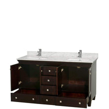Load image into Gallery viewer, Wyndham Collection Vanity Wyndham Collection WCV800060DESCMUNSMXX Acclaim 60 Inch Double Bathroom Vanity in Espresso, White Carrara Marble Countertop, Undermount Square Sinks, and No Mirrors