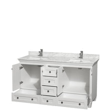 Load image into Gallery viewer, Wyndham Collection Vanity Wyndham Collection WCV800060DWHCMUNSMXX Acclaim 60 Inch Double Bathroom Vanity in White, White Carrara Marble Countertop, Undermount Square Sinks, and No Mirrors