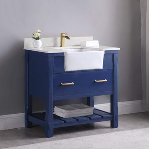 Altair Vanity Altair Georgia 36" Single Bathroom Vanity Set in Jewelry Blue or White and Composite Carrara White Stone Top with White Farmhouse Basin with Mirror