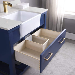 Altair Vanity Altair Georgia 36" Single Bathroom Vanity Set in Jewelry Blue or White and Composite Carrara White Stone Top with White Farmhouse Basin with Mirror