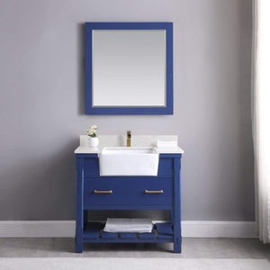 Altair Vanity Altair Georgia 36" Single Bathroom Vanity Set in Jewelry Blue or White and Composite Carrara White Stone Top with White Farmhouse Basin with Mirror