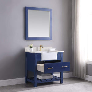 Altair Vanity Altair Georgia 36" Single Bathroom Vanity Set in Jewelry Blue or White and Composite Carrara White Stone Top with White Farmhouse Basin with Mirror