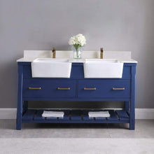 Load image into Gallery viewer, Altair Vanity Altair Georgia 60&quot; Double Bathroom Vanity Set in Jewelry Blue or White and Composite Carrara White Stone Top with White Farmhouse Basin