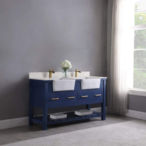 Altair Vanity Altair Georgia 60" Double Bathroom Vanity Set in Jewelry Blue or White and Composite Carrara White Stone Top with White Farmhouse Basin