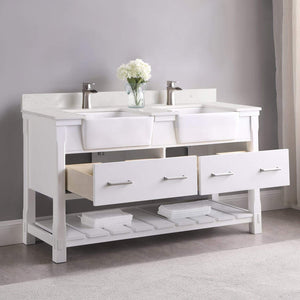 Altair Vanity Altair Georgia 60" Double Bathroom Vanity Set in Jewelry Blue or White and Composite Carrara White Stone Top with White Farmhouse Basin