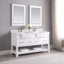 Load image into Gallery viewer, Altair Vanity Altair Georgia 60&quot; Double Bathroom Vanity Set in Jewelry Blue or White and Composite Carrara White Stone Top with White Farmhouse Basin With Mirror