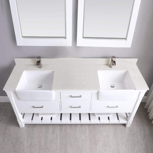 Altair Vanity Altair Georgia 72" Double Bathroom Vanity Set in Jewelry Blue or White and Composite Carrara White Stone Top with White Farmhouse Basin With Mirror
