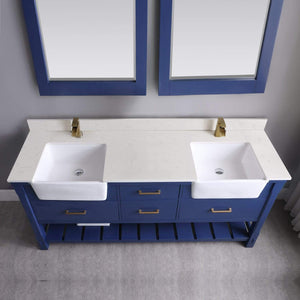 Altair Vanity Altair Georgia 72" Double Bathroom Vanity Set in Jewelry Blue or White and Composite Carrara White Stone Top with White Farmhouse Basin With Mirror