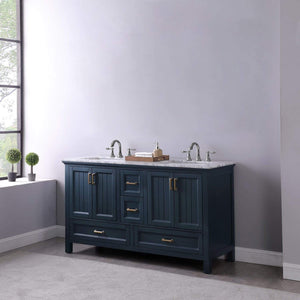 Altair Vanity Altair Isla 60" Double Bathroom Vanity Set in Classic Blue, Gray or White Finish and Carrara White Marble Countertop