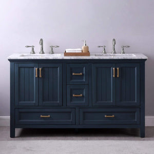 Altair Vanity Altair Isla 60" Double Bathroom Vanity Set in Classic Blue, Gray or White Finish and Carrara White Marble Countertop