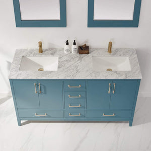 Altair Vanity Altair Sutton 60" Double Bathroom Vanity Set in White, Gray or Royal Green Finish and Carrara White Marble Countertop with Mirror