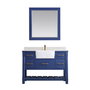 Altair Vanity Jewelry Blue Finish Altair Georgia 48" Single Bathroom Vanity Set in Jewelry Blue or White and Composite Carrara White Stone Top with White Farmhouse Basin With Mirror