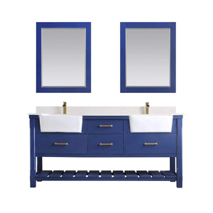 Altair Vanity Jewelry Blue Finish Altair Georgia 72" Double Bathroom Vanity Set in Jewelry Blue or White and Composite Carrara White Stone Top with White Farmhouse Basin With Mirror