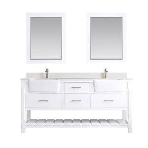 Altair Vanity White Finish Altair Georgia 72" Double Bathroom Vanity Set in Jewelry Blue or White and Composite Carrara White Stone Top with White Farmhouse Basin With Mirror