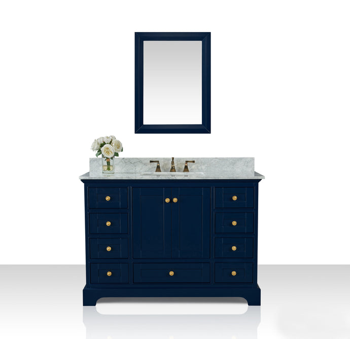 Ancerre Designs Vanity Ancerre Designs VTSM-AUDREY-48-HB-CW-GD  Audrey 48 in. Bath Vanity Set in Heritage Blue with 28 in. Mirror