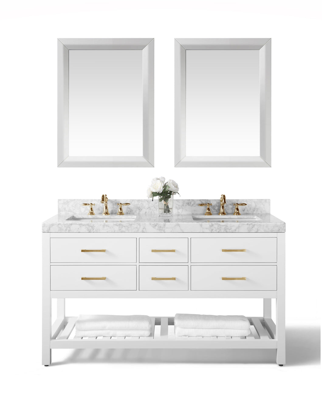 Ancerre Designs Vanity Ancerre Designs VTSM-ELIZABETH-60-W-CW-GD  Elizabeth 60 in. Bath Vanity Set in White with 24 in. Mirrors