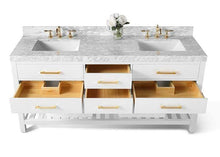 Load image into Gallery viewer, Ancerre Designs Vanity Ancerre Designs VTSM-ELIZABETH-72-W-CW-GD  Elizabeth 72 in. Bath Vanity Set in White with 24 in. Mirrors