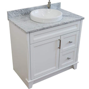 Bellaterra Home Vanity BellaTerra 400700-37R-WH-WMRDC 37" Single sink vanity in White finish with White carrara marble and CENTER round sink- RIGHT drawers