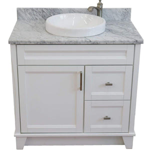 Bellaterra Home Vanity BellaTerra 400700-37R-WH-WMRDC 37" Single sink vanity in White finish with White carrara marble and CENTER round sink- RIGHT drawers