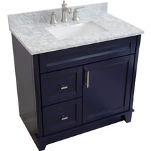 Load image into Gallery viewer, Bellaterra Home Vanity BellaTerra Home 37&quot; Single sink vanity in Blue finish with White carrara marble and CENTER rectangle sink- RIGHT drawers 400700-37R-BU-WMRC
