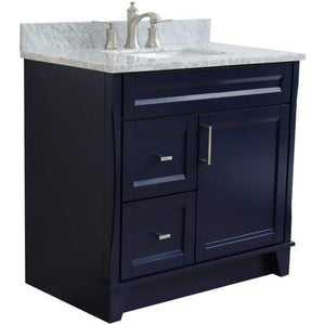 Bellaterra Home Vanity BellaTerra Home 37" Single sink vanity in Blue finish with White carrara marble and CENTER rectangle sink- RIGHT drawers 400700-37R-BU-WMRC