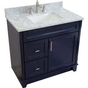 Bellaterra Home Vanity BellaTerra Home 37" Single sink vanity in Blue finish with White carrara marble and CENTER rectangle sink- RIGHT drawers 400700-37R-BU-WMRC