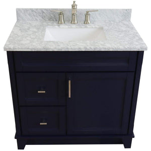 Bellaterra Home Vanity BellaTerra Home 37" Single sink vanity in Blue finish with White carrara marble and CENTER rectangle sink- RIGHT drawers 400700-37R-BU-WMRC