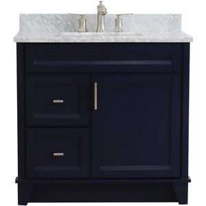 Bellaterra Home Vanity BellaTerra Home 37" Single sink vanity in Blue finish with White carrara marble and CENTER rectangle sink- RIGHT drawers 400700-37R-BU-WMRC