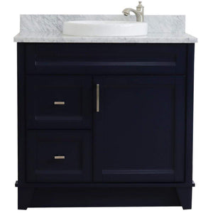 Bellaterra Home Vanity BellaTerra Home 37" Single sink vanity in Blue finish with White carrara marble and CENTER round sink- RIGHT drawers 400700-37R-BU-WMRDC