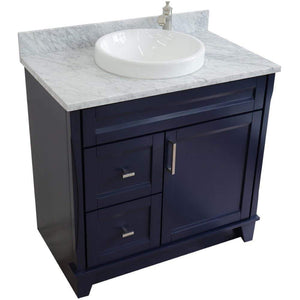 Bellaterra Home Vanity BellaTerra Home 37" Single sink vanity in Blue finish with White carrara marble and CENTER round sink- RIGHT drawers 400700-37R-BU-WMRDC