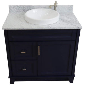 Bellaterra Home Vanity BellaTerra Home 37" Single sink vanity in Blue finish with White carrara marble and CENTER round sink- RIGHT drawers 400700-37R-BU-WMRDC