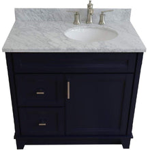 Load image into Gallery viewer, Bellaterra Home Vanity BellaTerra Home 37&quot; Single sink vanity in Blue finish with White carrara marble and LEFT oval sink- RIGHT drawers 400700-37R-BU-WMOR