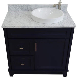 Bellaterra Home Vanity BellaTerra Home 37" Single sink vanity in Blue finish with White carrara marble and LEFT round sink- RIGHT drawers  400700-37R-BU-WMRDR