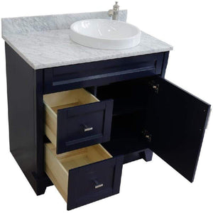 Bellaterra Home Vanity BellaTerra Home 37" Single sink vanity in Blue finish with White carrara marble and LEFT round sink- RIGHT drawers  400700-37R-BU-WMRDR