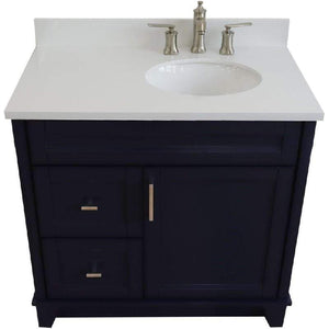 Bellaterra Home Vanity BellaTerra Home 37" Single sink vanity in Blue finish with White quartz and LEFT oval sink- RIGHT drawers 400700-37R-BU-WEOR