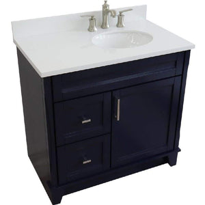 Bellaterra Home Vanity BellaTerra Home 37" Single sink vanity in Blue finish with White quartz and LEFT oval sink- RIGHT drawers 400700-37R-BU-WEOR