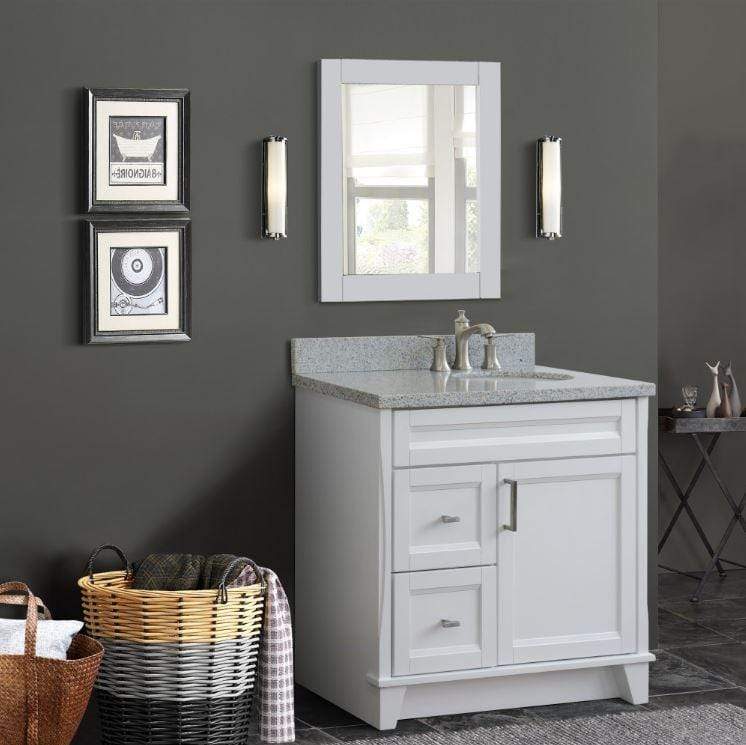 37 Inch Single Sink Vanity In White Finish With Gray Granite And Left Oval Sink Right Drawers - Sinks and Vanities