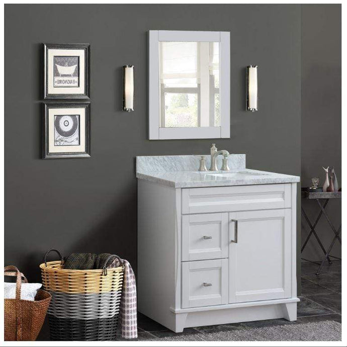 37 Inch Single Sink Bath Vanity In White Finish With White Carrara Marble And Left Rectangle Sink Right Drawers - Sinks and Vanities
