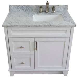 Bellaterra Home Vanity BellaTerra Home 37" Single sink vanity in White finish with White carrara marble and LEFT rectangle sink- RIGHT drawers 400700-37R-WH-WMRR
